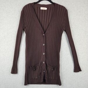 Scarlet Womens Ribbed Knit Button Front Cardigan Brown V-Neck Longline Small